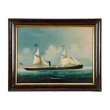 Chinese School, oil on canvas trade painting of steam ship Patroclus, blue funnel line ship, flying