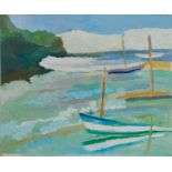 *John Hanbury Pawle (1915-2010) oil on board- Three boats moored in a cove, with abstract scene vers