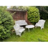 Victorian style white painted cast metal garden bench and a pair of matching chairs, together with a