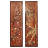 Good quality pair of antique Japanese figured hardwood and hardstone inlaid panels, each finely inla