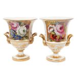 Pair Regency Coalport flower painted two handled campana shaped vases, circa 1815