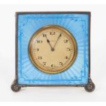 Art Deco guilloche enamel desk clock in box (winds anti-clockwise)