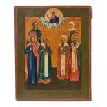 18th / 19th century painted Russian icon depicting a group of saints