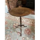 George III fruitwood wine table, with solid circular tilt top on turned slender column and tripod ca