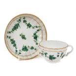 18th century Bristol tea cup and saucer, decorated in green monochrome, circa 1775