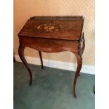 19th century French marquetry inlaid mahogany bonheur du jour, with pierced brass gallery and shaped