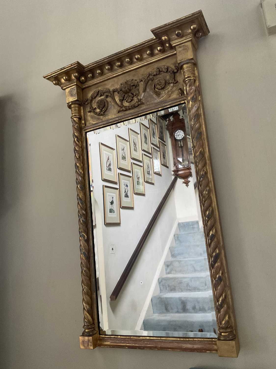 Regency gilt pier mirror, with ball mounted cornice and bevelled rectangular plate between projectin