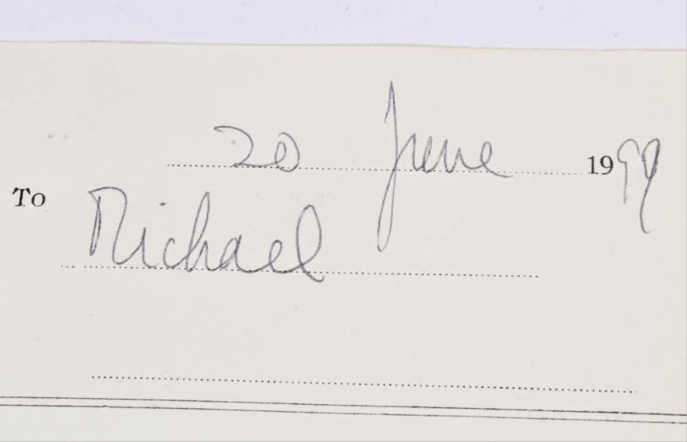 H.M.Queen Elizabeth II, handwritten note dated 20th June 1999 to Michael expressing her delight in a