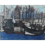 Manner of Bernard Buffet, mid 20th century, mixed media, fishing boats, apparently unsigned