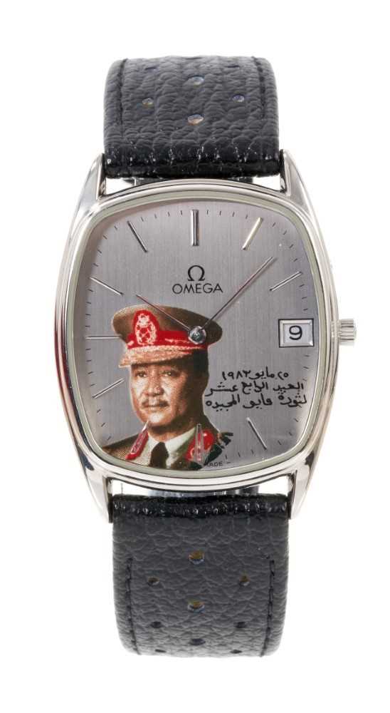 Rare Omega wristwatch, the dial decorated a portrait of President of Sudan, Gaafar al-Nimeiry, in bo