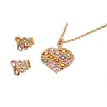 18ct gold diamond and multi-gem pendant necklace and earrings