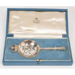1930s silver tea strainer, commemorating the Silver Jubilee of King George V, original Asprey case