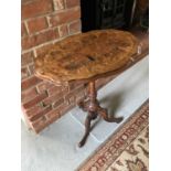 Victorian mahogany and floral inlaid shaped occasional table, with shaped top on carved column and t
