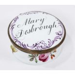 A South Staffordshire enamel patch box, inscribed ‘Mary Desbrough’ circa 1760-70. Provenance; Christ