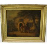 Manner of George Morland, 19th century, oil on panel - figures and horse before a tavern, 24cm x 2