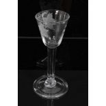 18th century wine glass with vine engraved bowl on plain stem on splayed folded foot 14.6cm high