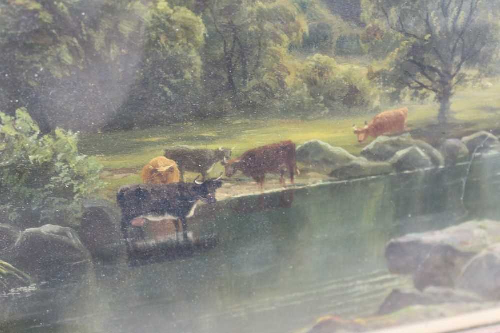 Thomas Spinks (1847 - 1927), oil on canvas, A hilly river landscape with cattle watering in the fo - Bild 13 aus 14