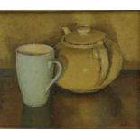 Lynton Lamb (1907-1977), oil on canvas - still life teapot and mug, signed with initials, 24cm x 29c