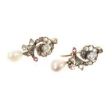 Pair of natural pearl diamond and ruby earrings, each with a natural saltwater pearl weighing 2.55ct