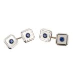 Pair of 9ct white gold mother of pearl and sapphire cufflinks, previously owned by Ronnie Corbett