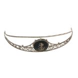 Early 19th century continental silver and pietra dura tiara/head band with a circular panel depictin