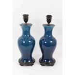 Pair of Chinese crackle-glazed blue monochrome lamps