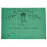 The Coronation of H.M.Queen Victoria-28th June 1838, rare Coronation ticket to admit 'Mr Shephard'