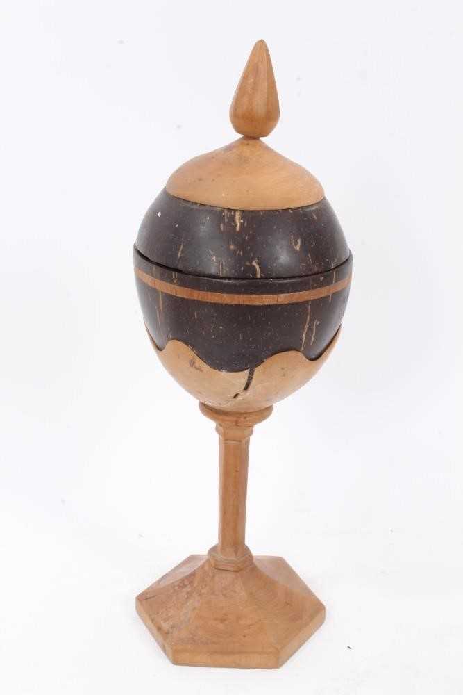 Carved coconut basket decorated with the Royal arms, together with a carved coconut cup on stand (2) - Image 5 of 6