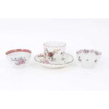 18th century Chelsea porcelain fluted tea bowl and saucer and two other English tea bowls