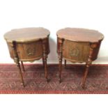 Pair of French bedside cabinets of shaped oval form on turned legs, 50cm wide x 69cm high