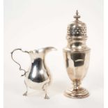 Footed silver cream jug, together with a baluster castor, sugar bowl and sifter spoon