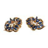 Pair of 14ct gold sapphire and diamond earrings with marquise cut blue sapphires and brilliant cut d