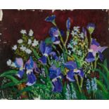 *John Hanbury Pawle (1915-2010) oil on board- Purple iris, signed, with crucifixion scene verso, 51c