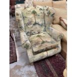 Pair of Multiyork wing back chairs upholstered in Aesops Fable velvet on turned legs, purchased new