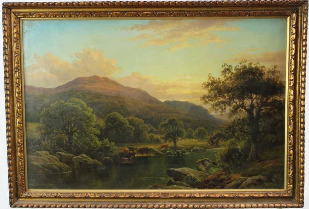 Thomas Spinks (1847 - 1927), oil on canvas, A hilly river landscape with cattle watering in the fo