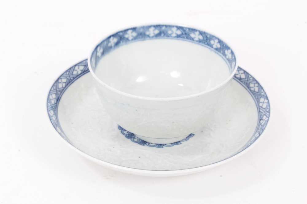 18th century Worcester moulded blue and white tea bowl and saucer, circa 1755. Provenance; Godden Re