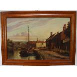 19th century oil on canvas - moored barges, 40cm x 60cm, in maple veneered frame