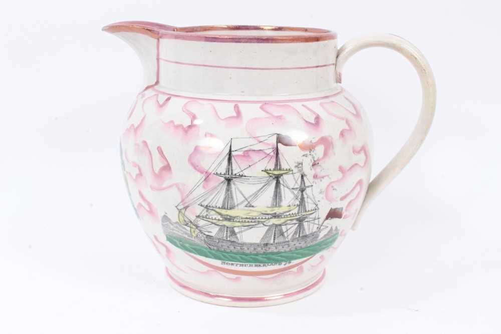 Victorian pink Sunderland lustre large jug, printed and painted with the vessel ‘Northumberland’, ci