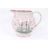 Victorian pink Sunderland lustre large jug, printed and painted with the vessel ‘Northumberland’, ci