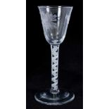 18th century wine glass with vine and butterfly engraved bowl, double opaque twist stem on splayed f