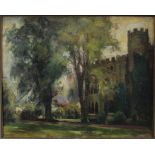 Manner of Alfred Munnings, oil on canvas, view of a building