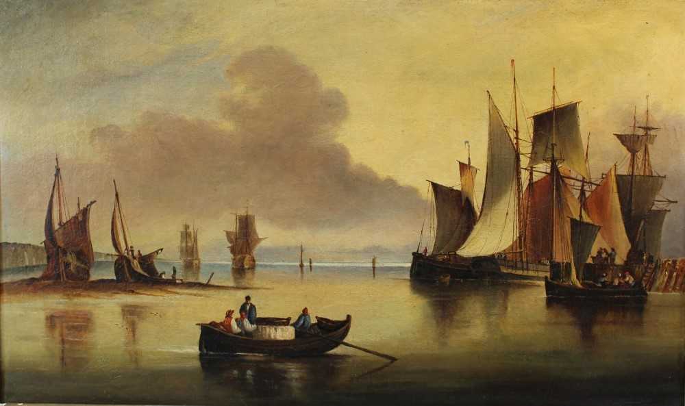 Early 19th century oil on canvas - shipping at anchor, apparently unsigned, 42cm x 71cm, in gilt fra