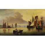 Early 19th century oil on canvas - shipping at anchor, apparently unsigned, 42cm x 71cm, in gilt fra