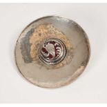 1920s Omar Ramsden silver dish with applied silver and red enamel thistle head,