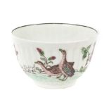 18th century Worcester ribbed tea bowl, printed and painted with geese, circa 1756-58