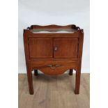 19th century inlaid mahogany bedside cupboard with gallery top above twin doors and drawers below