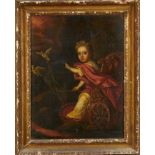 18th century oil on canvas - child in a chariot, 49cm x 36cm, in gilt frame