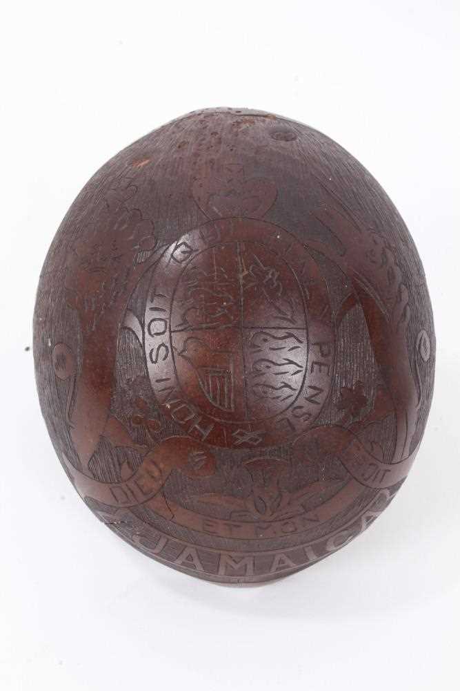 Carved coconut basket decorated with the Royal arms, together with a carved coconut cup on stand (2) - Image 3 of 6