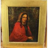 19th century oil on panel depicting gypsy girl in red cloak