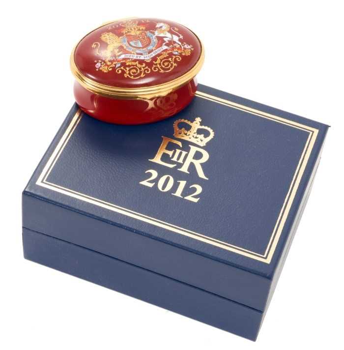 H.M.Queen Elizabeth II, 2012 Royal Household Christmas present Halcyon Days oval enamel box decorate
